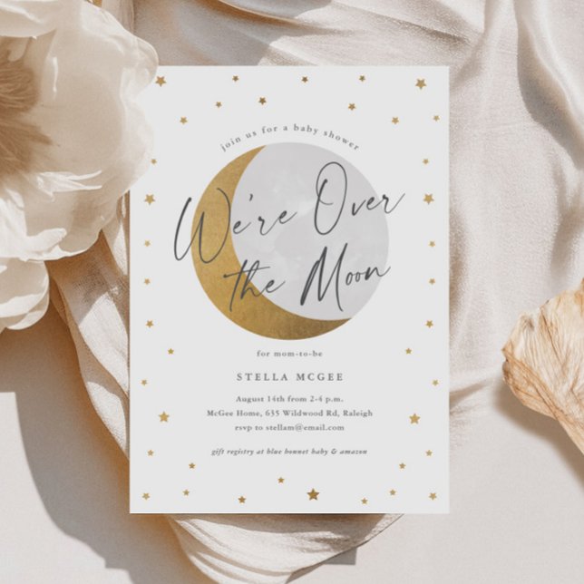 Gold Over the  Moon Gender Neutral Baby Shower Invitation (Gold Over the Moon Script Gender Neutral Baby Shower Invitations.)