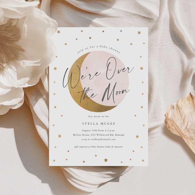 Gold Over the  Moon Script Girls Baby Shower Invitation (Gold and Pink Over the Moon Script Girls Baby Shower Invitations.)