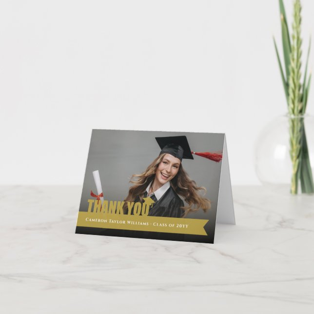 Gold Overlay Ribbon Graduation Cap Modern Photo Thank You Card (Front)