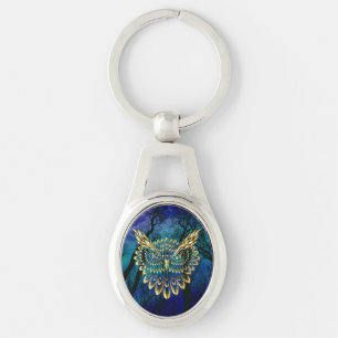 Gold Owl Face on forest at night Key Ring