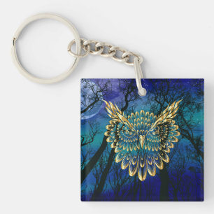 Gold Owl Face on forest at night Key Ring