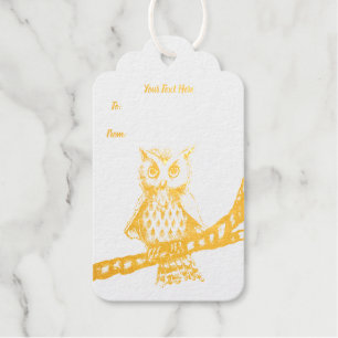 Gold Owl Wearing Necklace on Branch Stars on Black Gift Tags