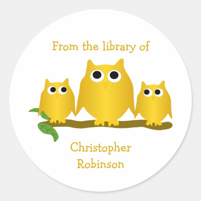Gold Owls Design Bookplate Classic Round Sticker (Front)
