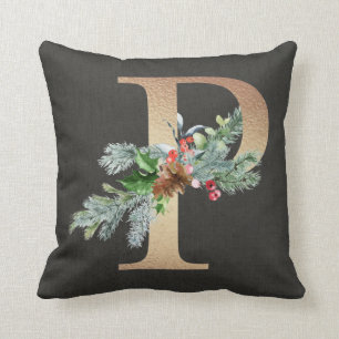 Gold P Monogram Pine & Berries Christmas Family Cushion