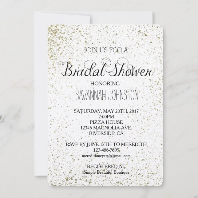 Gold paint splatter bridal shower invitation (Front)