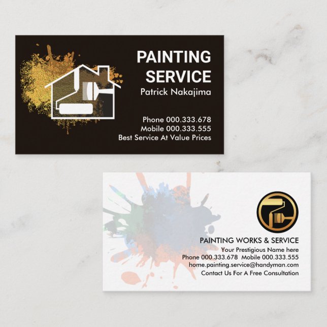 Gold Paint Splatter Home Brush Business Card (Front/Back)