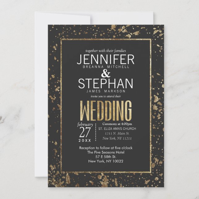 Gold Paint Splatters Wedding Invitations (Front)