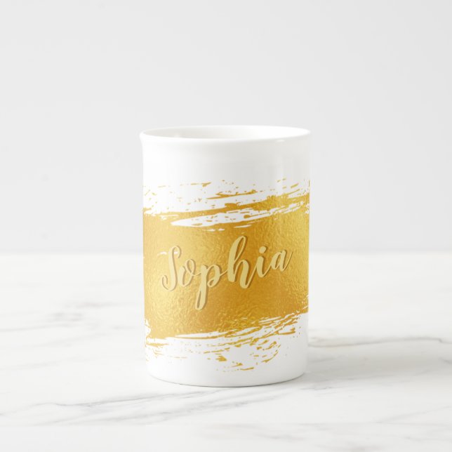 Gold Paint Stroke Add Name Bone China Mug (Front)