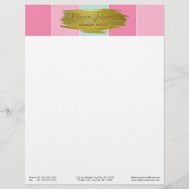 Gold Paint Stroke Colourful Mint Pink Stripes Customised Letterhead (Front)