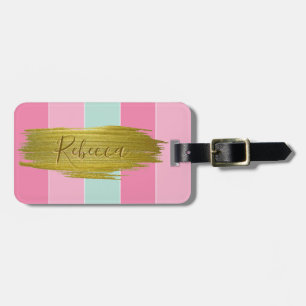 Gold Paint Stroke Colourful Mint Pink Stripes Luggage Tag
