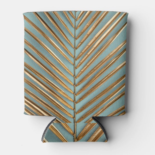 Gold Painted Tropical Palm Pattern Can Cooler (Front)