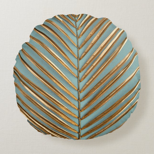 Gold Painted Tropical Palm Pattern Round Cushion (Front)