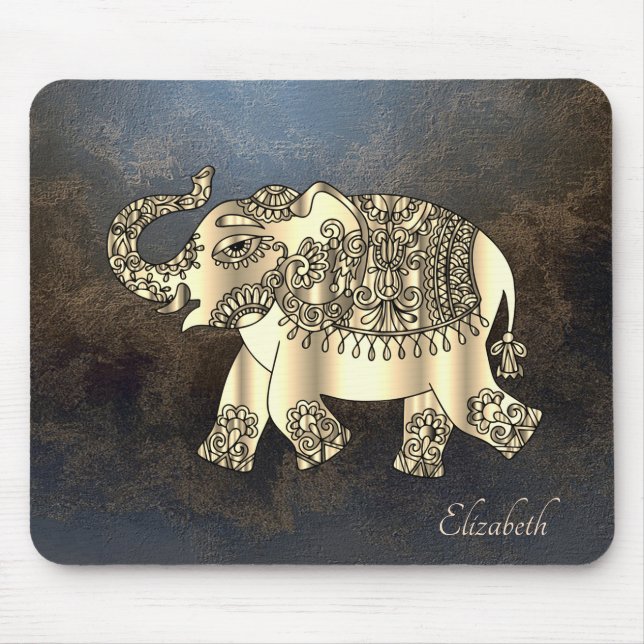Gold Paisley Floral Elephant, Leather Look Mouse Pad (Front)