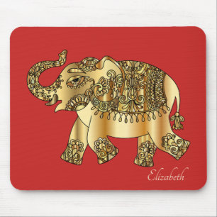 Gold Paisley Floral Elephant, Red- Personalised Mouse Pad