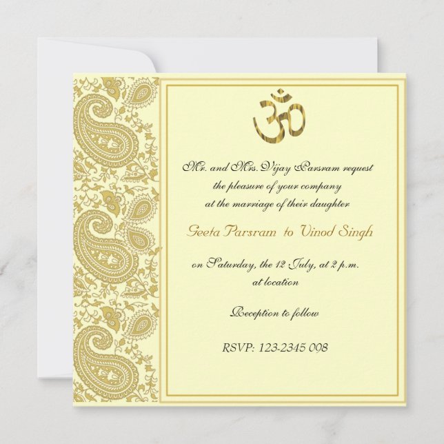 Gold paisley Hindu wedding Invitation (Front)