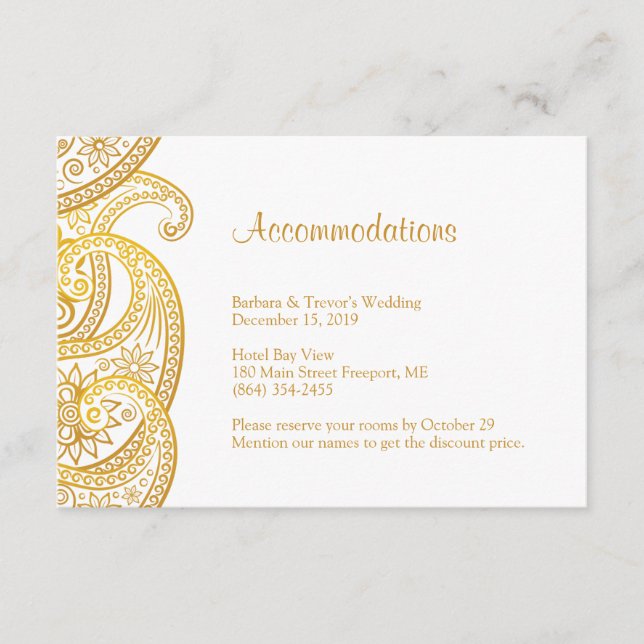 Gold Paisley Indian Wedding Accommodations Enclosure Card (Front)