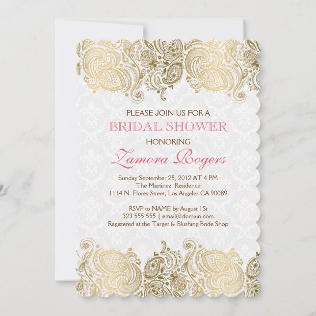 Gold Paisley Lace White Damasks Invitation (Front)
