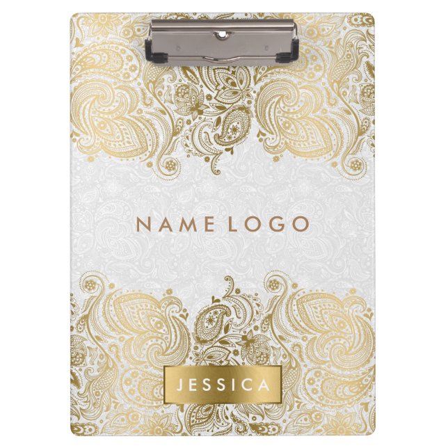 Gold Paisley Lace With White Background Clipboard (Front)