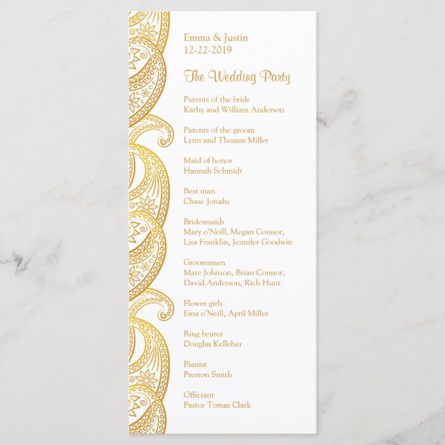 Gold Paisley Traditional Indian Wedding Rackcard Programme (Front)