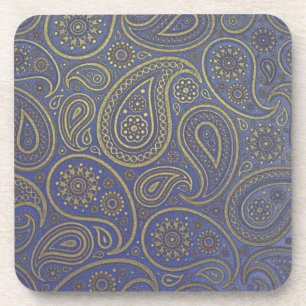 Gold paisleys on vintage royal blue worn fabric coaster