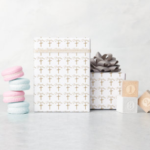 Gold Palm Cross Baptism  Wrapping Paper