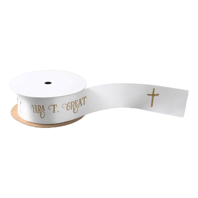 Gold Palm Cross Personalised Baptism  Satin Ribbon (Spool)
