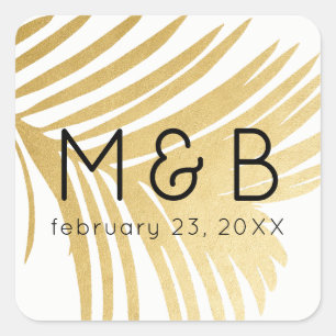 Gold Palm Leaf Feather Modern Beach Wedding Favour Square Sticker