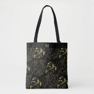 Gold Palm Leaf Tropical Pattern   Modern Monogram Tote Bag