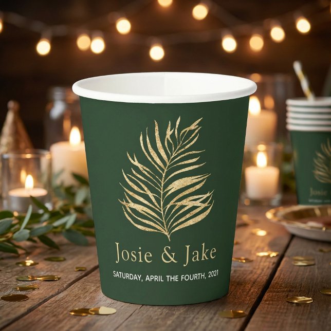 Gold palm leaf wedding names and date paper cups (Gold palm leaf wedding names and date paper cups.)
