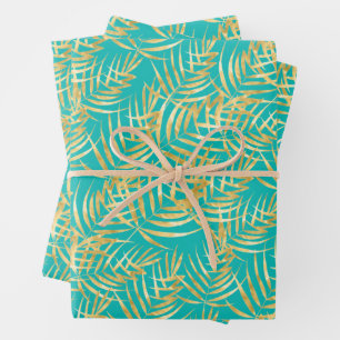 Gold Palm Leaves on Turquoise Wrapping Paper Sheet