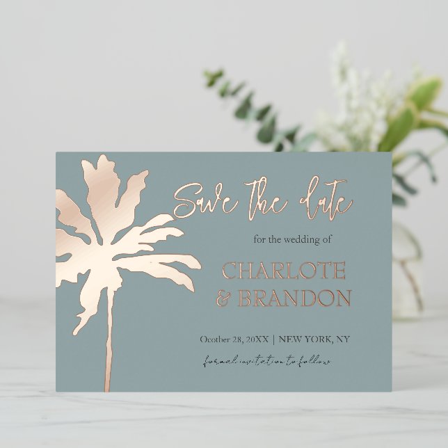  Gold Palm Tree Beach Wedding Save The Date (Standing Front)