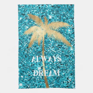 Gold Palm Tree Dream Aqua Glitter          Tea Towel