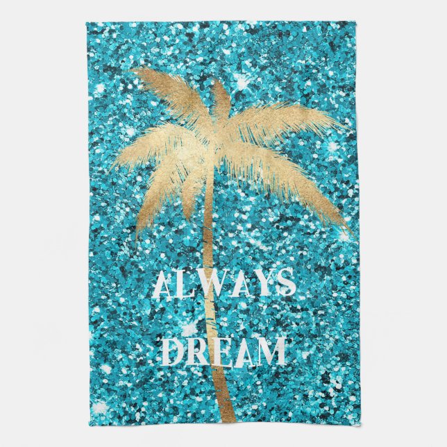 Gold Palm Tree Dream Aqua Glitter          Tea Towel (Vertical)