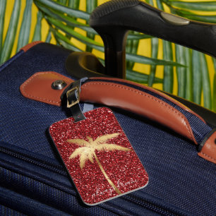 Gold Palm Tree Dream Red Glitter Luggage Tag