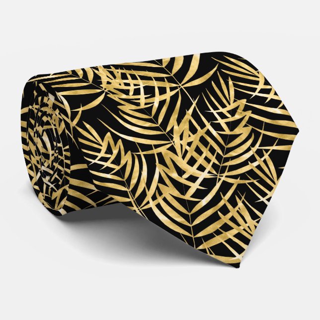 Gold Palm Tree Fronds Tropical Black Tie (Rolled)