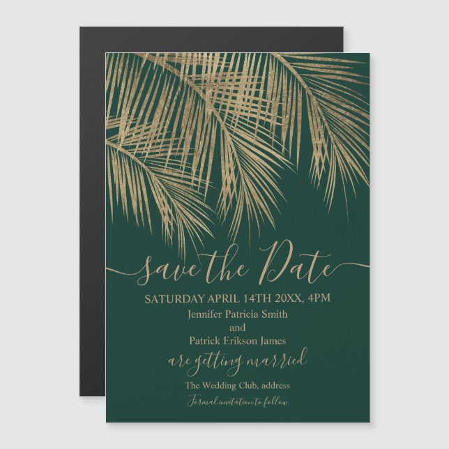 Gold palm tree leaf tropical green save the date (Front/Back)