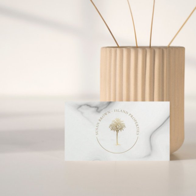 Gold Palm Tree Logo Marble Pattern Business Card (Creator Uploaded)