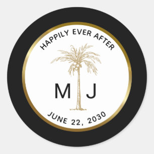 Gold Palm Tree Monogram Tropical Wedding Classic Round Sticker