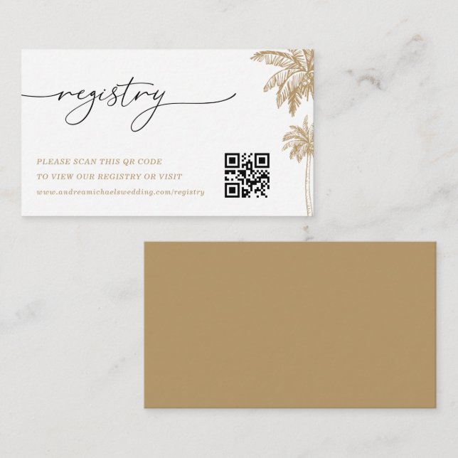 Gold Palm Tree QR Code Wedding Gift Registry Enclosure Card (Front/Back)