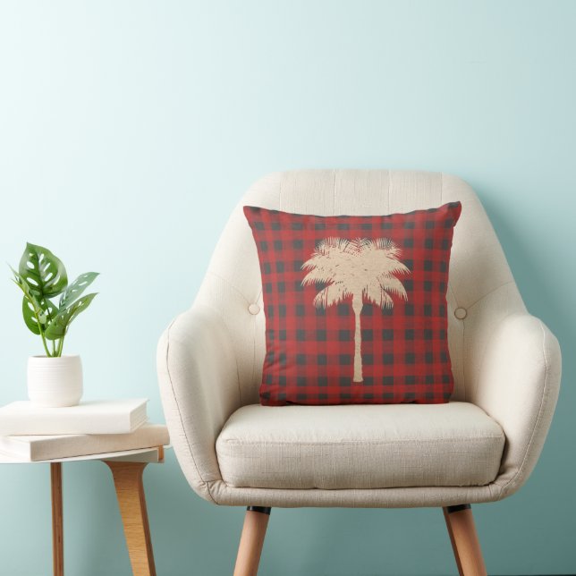 Gold Palm Tree Red Grey Buffalo Plaid Cushion (Chair)