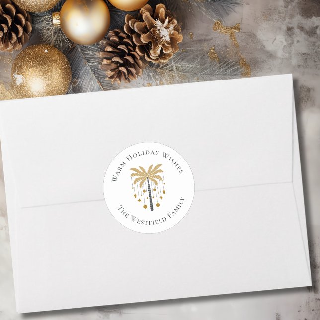 Gold Palm Tree Warm Holiday Wishes Classic Round Sticker (Gold Palm Tree Warm Holiday Wishes Classic Round Sticker)