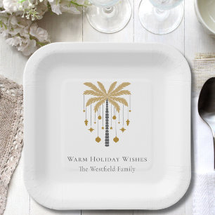 Gold Palm Tree Warm Holiday Wishes Party Paper Plate