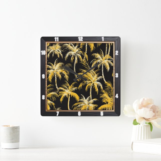 Gold Palm Trees Black Square Wall Clock (Home)
