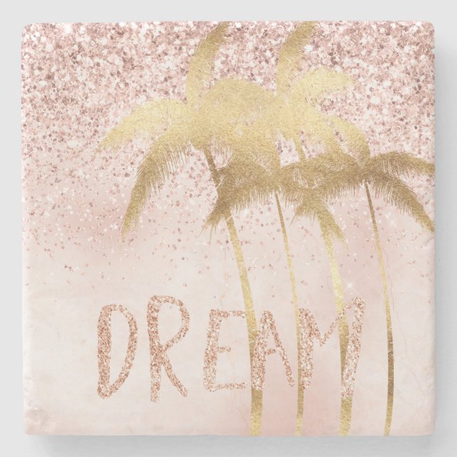 Gold Palm Trees Pink Ombre Glitter Dream         Stone Coaster (Front)