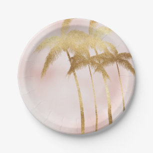 Gold Palm Trees Pink Ombre Paper Plate