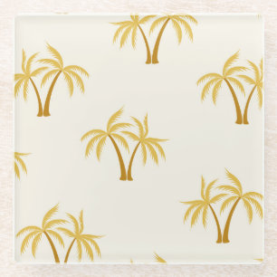 Gold Palm Trees: Tropical Textile. Glass Coaster