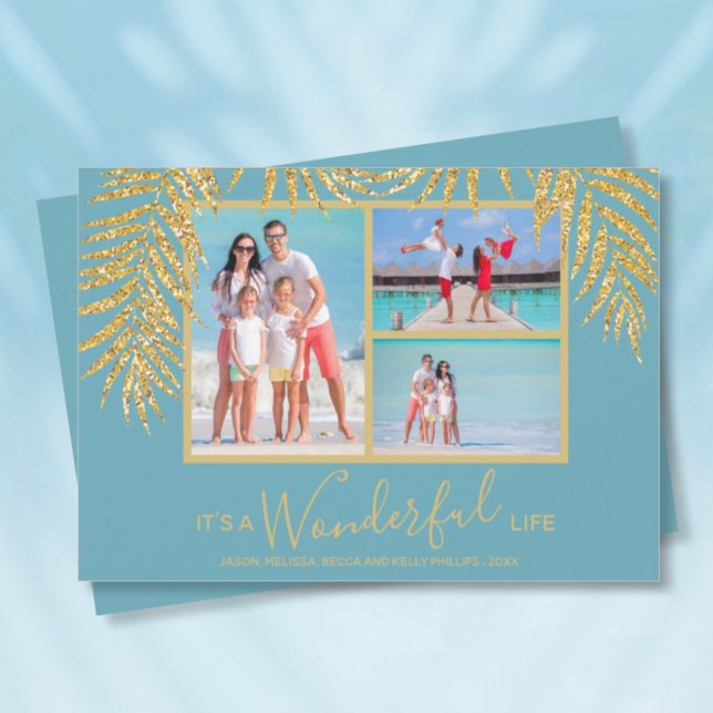 Gold Palms Photo Collage Christmas Holiday Card (Creator Uploaded)