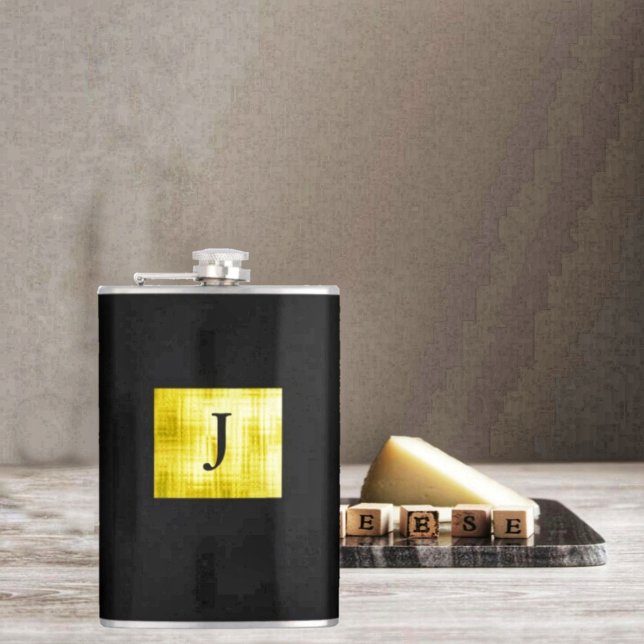 Gold Panelled Black-II Hip Flask (Choose your own Monogram, when you choose this Gold Paneled Black-II Flask!)
