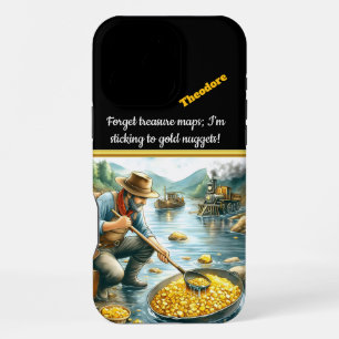 Gold panning in a river during the gold rush era iPhone 16 pro max case