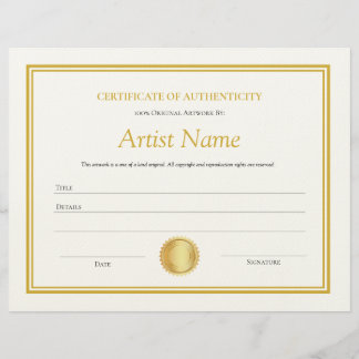 Gold Paper Certificate of Authenticity Template  Custom Letterhead